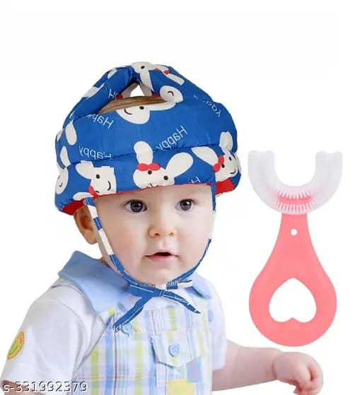 Baby Head Protector Crawling – Baby Safety Helmet & Amp Walking Helmet + 360 Degree U-shaped Baby Toothbrush 2 Pcs Baby Care Essentials (random Color/design)